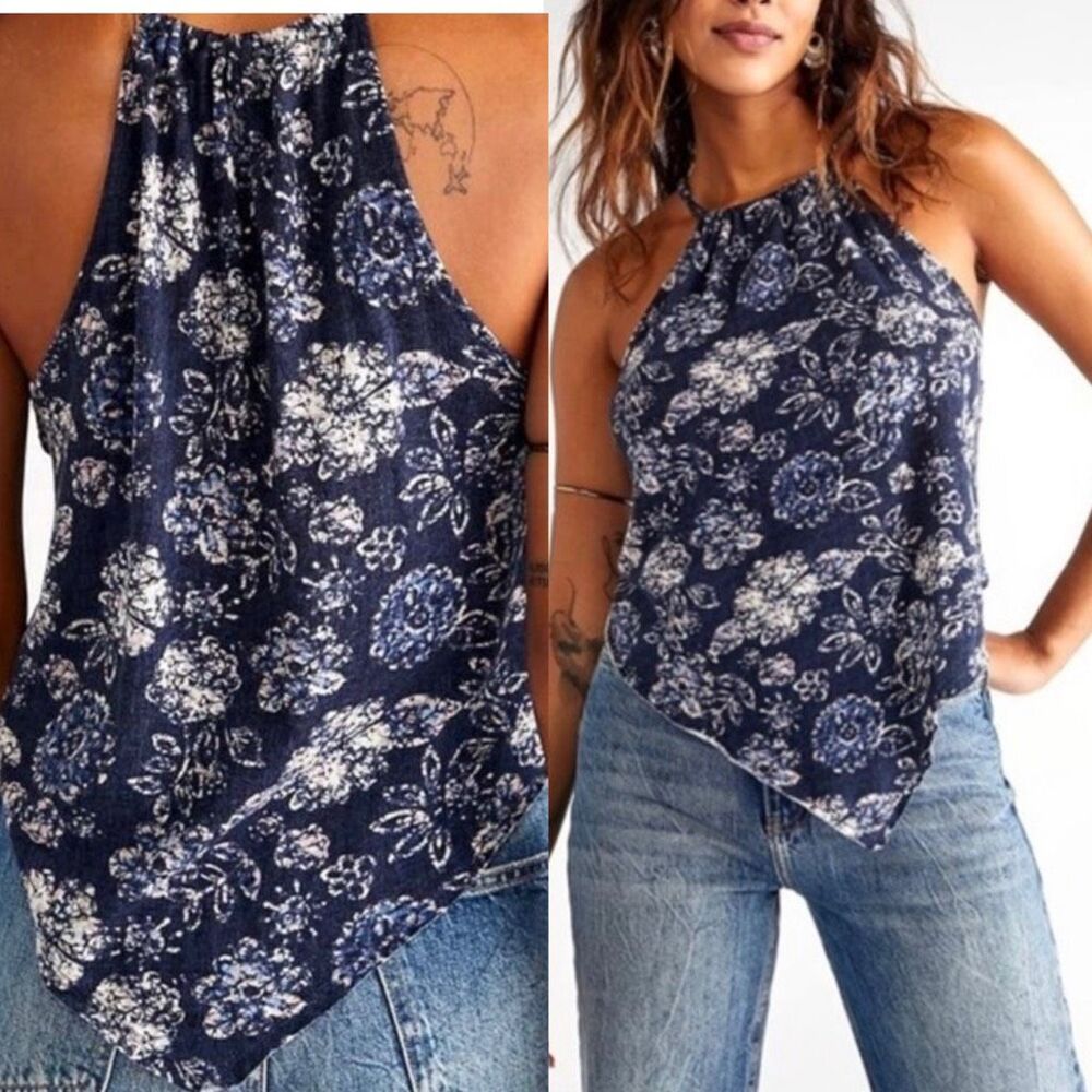 Free People we the free Daisy Halter Tank Top blue Floral Women’s L NEW